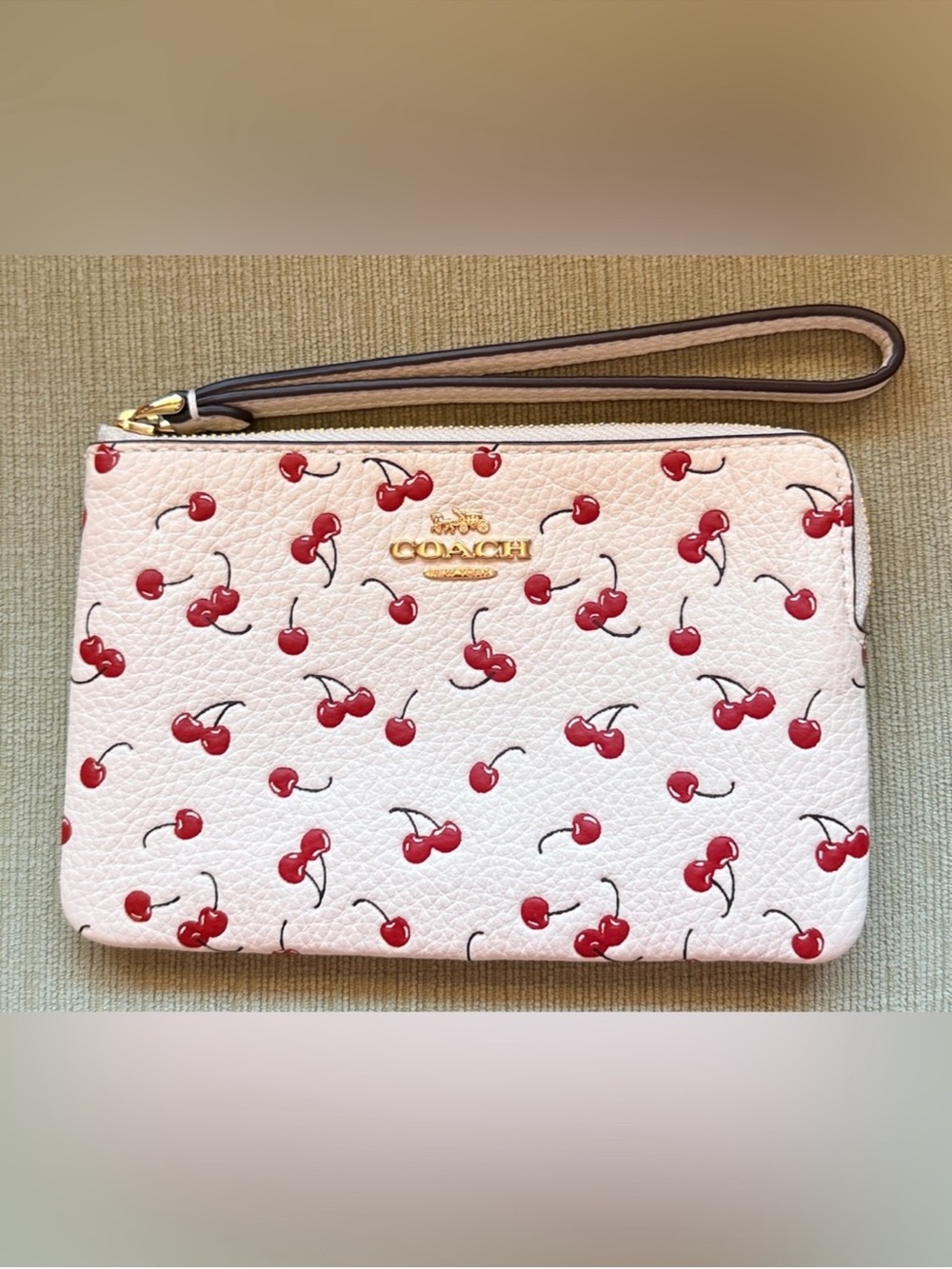Coach Cherry Print White Leather Wristlet with Gold Logo